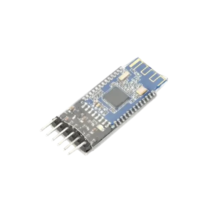 Small blue rectangular HM-10 Bluetooth module showing a small silver crystal oscillator, a central square CC2541 surface-mount chip with gold castellated edge traces, an onboard 3.3V regulator, an activity indicator LED, and a pre-drilled 6-pin male connector header base.