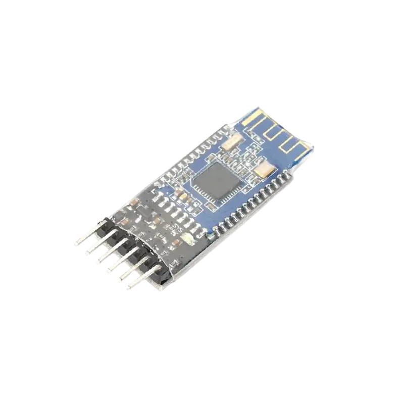 HM-10 BLE Bluetooth 4.0 CC2541 Wireless Module Small blue rectangular HM-10 Bluetooth module showing a small silver crystal oscillator, a central square CC2541 surface-mount chip with gold castellated edge traces, an onboard 3.3V regulator, an activity indicator LED, and a pre-drilled 6-pin male connector header base.