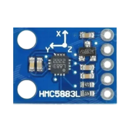 Ultra-compact blue GY-273 printed circuit board showing a tiny 3-axis magnetometer chip, decoupling capacitors, pulling resistors, and 5 parallel solder pads for pin headers.