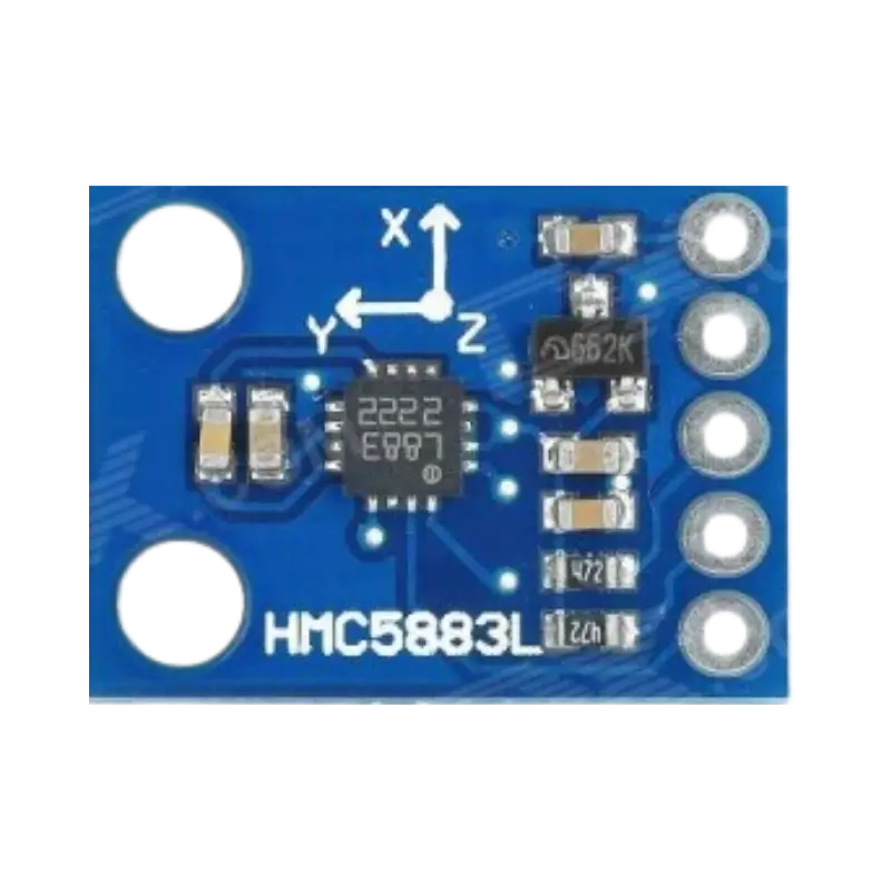 HMC5883L Ultra-compact blue GY-273 printed circuit board showing a tiny 3-axis magnetometer chip, decoupling capacitors, pulling resistors, and 5 parallel solder pads for pin headers.