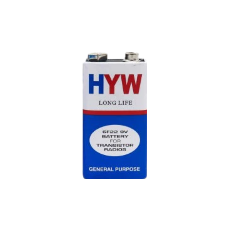 HXW 6F22 9V Rechargeable Lithium Battery HXW 6F22 9V rechargeable lithium battery showing its block profile, corporate branding, and distinct positive and negative snap-fit terminals.