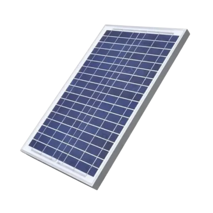 A rectangular 20W polycrystalline solar panel showing its distinct blue-tinted grid pattern solar cells, protected by a metallic silver aluminum frame with a sealed black junction box on the reverse side.