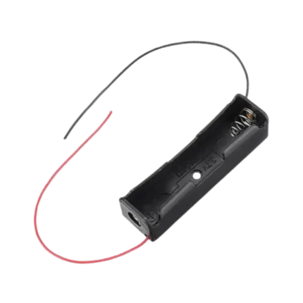 18650 1S black plastic single-slot battery holder showing its interior compartment, metallic contact clips, and positive/negative wire leads.