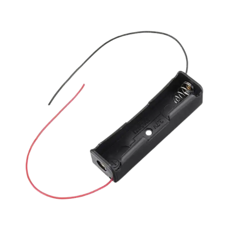 Holder-18650-1S 18650 1S black plastic single-slot battery holder showing its interior compartment, metallic contact clips, and positive/negative wire leads.