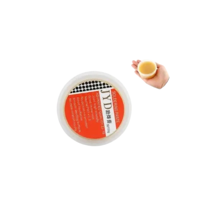 A plastic container tub of JYD soldering flux paste with smooth cream texture for electronics repair and soldering.