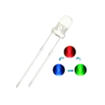 An RGB multi-color LED featuring a transparent lens and four through-hole metal pins for individual color control.