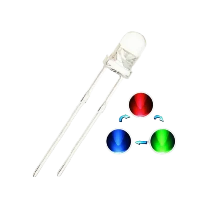 An RGB multi-color LED featuring a transparent lens and four through-hole metal pins for individual color control.