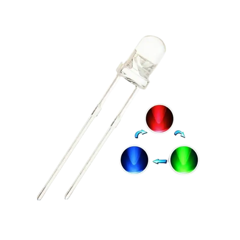 LED RGB 2 Pin An RGB multi-color LED featuring a transparent lens and four through-hole metal pins for individual color control.