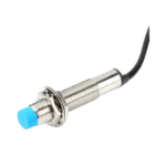Industrial-grade M12 cylindrical proximity sensor showing its threaded steel body, blue plastic inductive sensing head, dual securing nuts, and an attached heavy-duty 3-conductor cable.