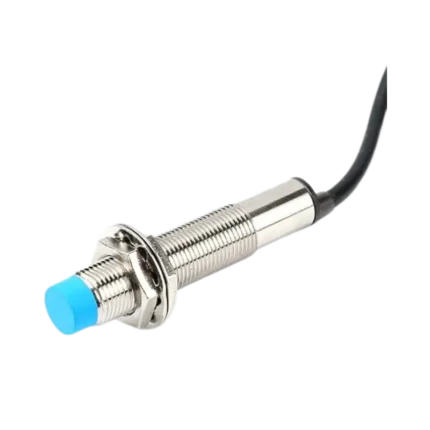 Industrial-grade M12 cylindrical proximity sensor showing its threaded steel body, blue plastic inductive sensing head, dual securing nuts, and an attached heavy-duty 3-conductor cable.
