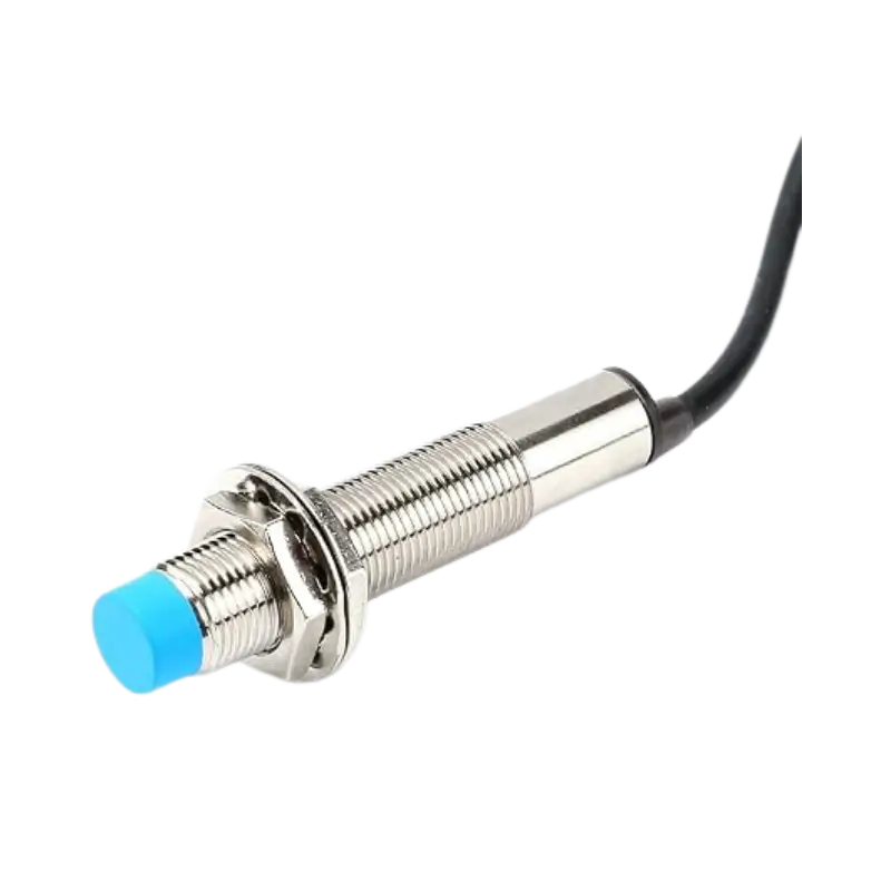 LJ12A3-4-Z Industrial-grade M12 cylindrical proximity sensor showing its threaded steel body, blue plastic inductive sensing head, dual securing nuts, and an attached heavy-duty 3-conductor cable.