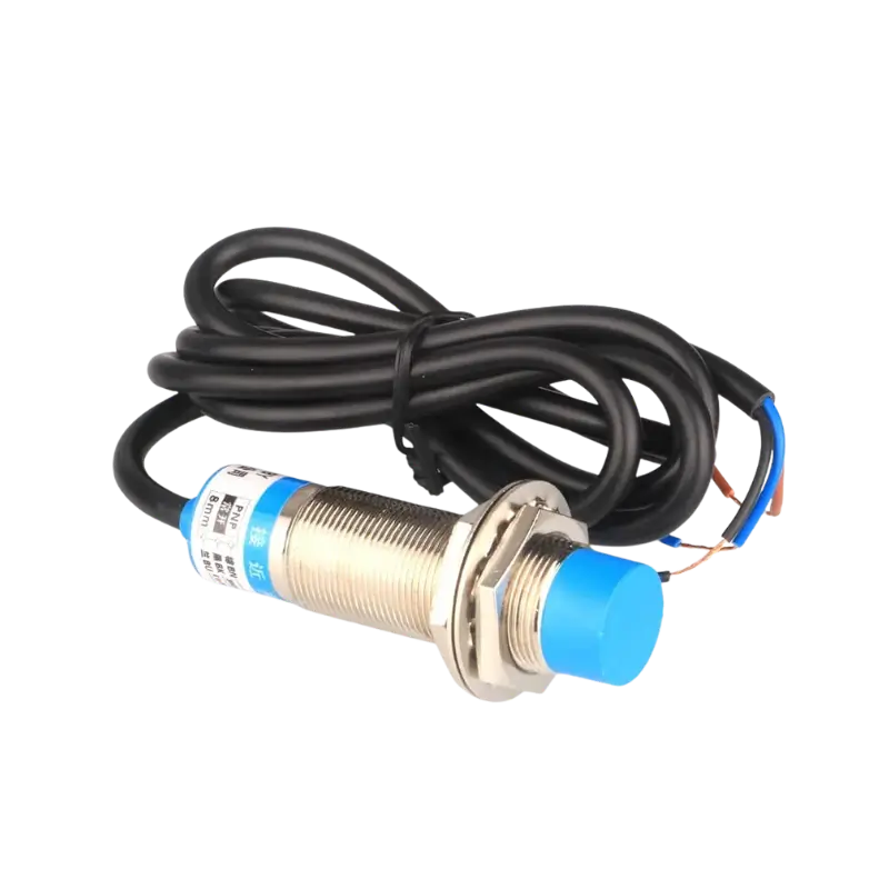 LJ18A3-8-Z M18 cylindrical inductive proximity sensor showcasing a solid, silver-colored threaded metal casing, a distinct blue plastic sensing head, dual metallic nuts, and a thick black three-conductor output cable.