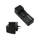 MH-X282 dual-slot universal Li-ion battery charger showing its spring-loaded slots and built-in AC power cord.