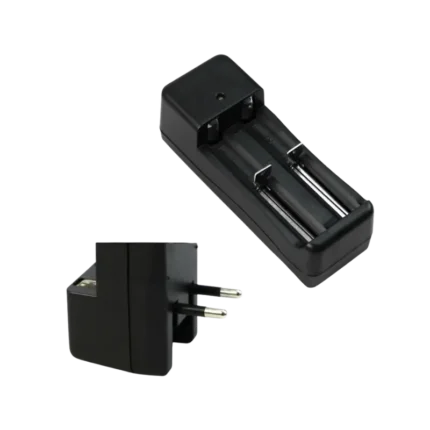 MH-X282 dual-slot universal Li-ion battery charger showing its spring-loaded slots and built-in AC power cord.