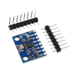 GY-521 MPU6050 small blue printed circuit board showing the main square motion tracking IC, passive surface-mount components, onboard regulator, power indicator LED, and pre-drilled connection holes along with separate straight and right-angle header pins.
