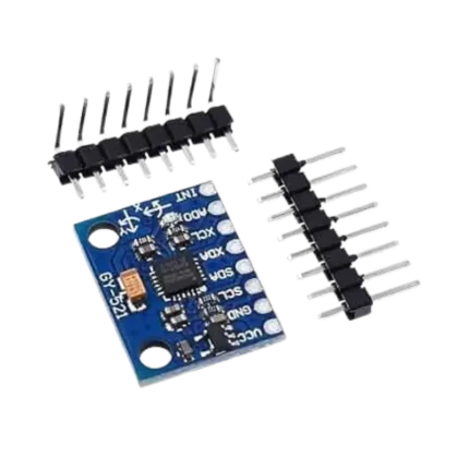 GY-521 MPU6050 small blue printed circuit board showing the main square motion tracking IC, passive surface-mount components, onboard regulator, power indicator LED, and pre-drilled connection holes along with separate straight and right-angle header pins.