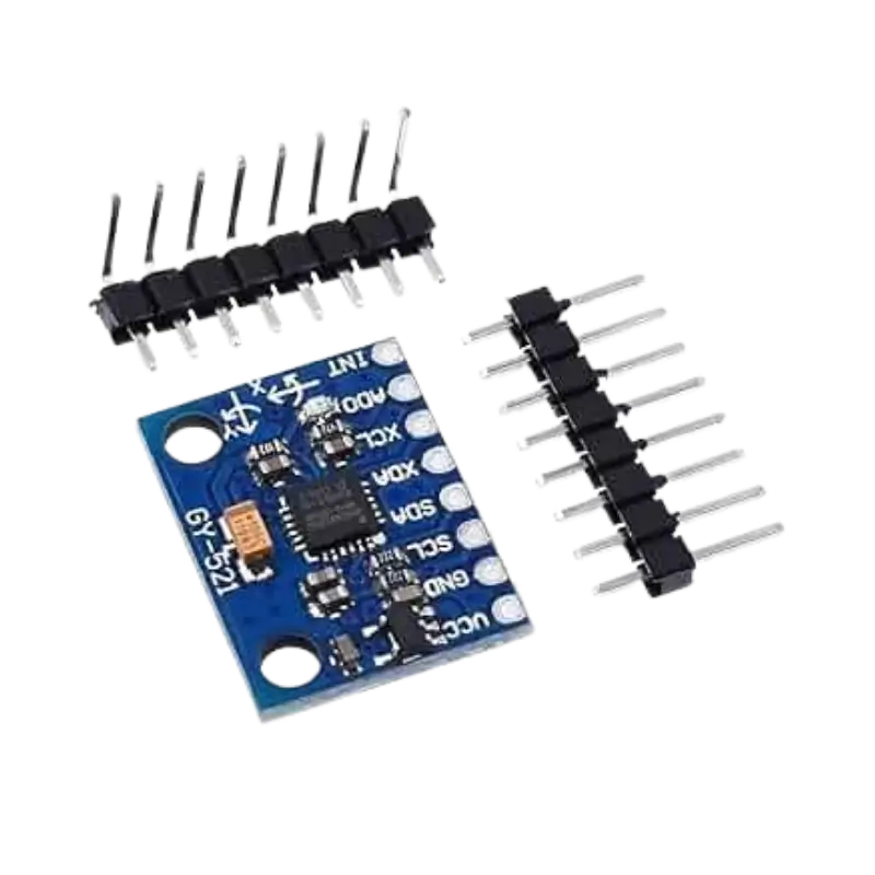 MPU6050 GY-521 MPU6050 small blue printed circuit board showing the main square motion tracking IC, passive surface-mount components, onboard regulator, power indicator LED, and pre-drilled connection holes along with separate straight and right-angle header pins.
