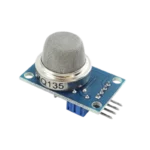 Compact blue rectangular MQ135 gas sensor module displaying its rounded silver-colored steel mesh protective dome labeled MQ135 on the collar, mounted to a dual-layered PCB alongside an adjustable blue potentiometer and a 4-pin right-angle interface header.