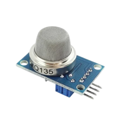 Compact blue rectangular MQ135 gas sensor module displaying its rounded silver-colored steel mesh protective dome labeled MQ135 on the collar, mounted to a dual-layered PCB alongside an adjustable blue potentiometer and a 4-pin right-angle interface header.