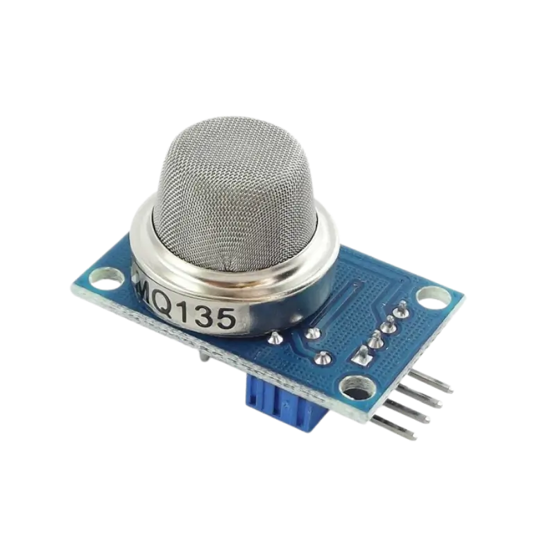 MQ135 Compact blue rectangular MQ135 gas sensor module displaying its rounded silver-colored steel mesh protective dome labeled MQ135 on the collar, mounted to a dual-layered PCB alongside an adjustable blue potentiometer and a 4-pin right-angle interface header.
