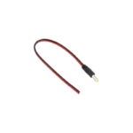 A prewired male DC power plug jack featuring a 5.5x2.1mm barrel connector molded housing and red and black wire leads.