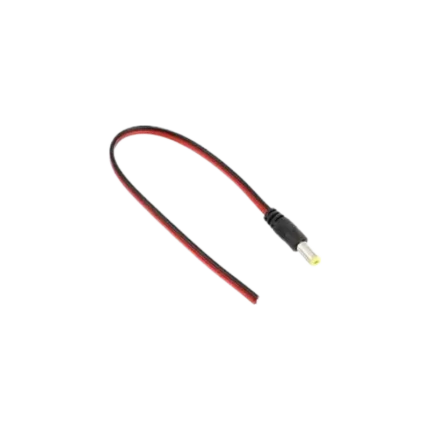 A prewired male DC power plug jack featuring a 5.5x2.1mm barrel connector molded housing and red and black wire leads.