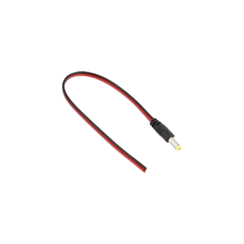 A prewired male DC power plug jack featuring a 5.5x2.1mm barrel connector molded housing and red and black wire leads.