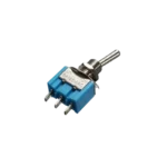 A mini toggle switch featuring 3 solder lug pins, a metal lever, and a threaded mounting bushing with hex nut.