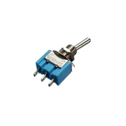 A mini toggle switch featuring 3 solder lug pins, a metal lever, and a threaded mounting bushing with hex nut.