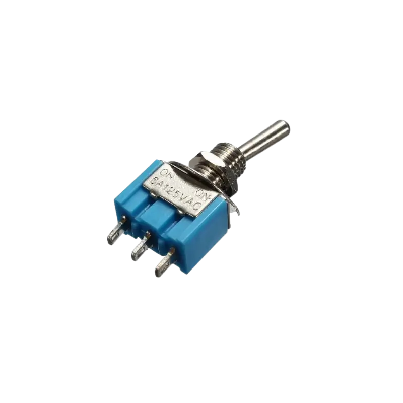 A mini toggle switch featuring 3 solder lug pins, a metal lever, and a threaded mounting bushing with hex nut.