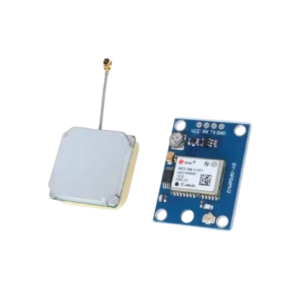 Rectangular blue NEO-6M GPS module showing a central silver metal shielded u-blox chip, a circular rechargeable coin-cell backup battery, a tiny micro-coaxial antenna jack, and a separate square tan-and-white ceramic patch antenna element linked via a flexible grey lead wire.