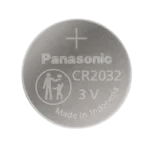 Panasonic CR2032 3V lithium coin cell battery showing the polished positive side with engraved text branding on a clean backdrop.