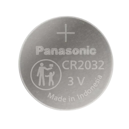 Panasonic CR2032 3V lithium coin cell battery showing the polished positive side with engraved text branding on a clean backdrop.