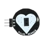 Clear diagnostic wiring schematic illustrating a circular black heart-rate breakout board with a prominent white heart graphic running to the analog input, ground, and power lanes of a blue Arduino board.