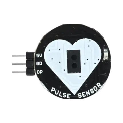 Clear diagnostic wiring schematic illustrating a circular black heart-rate breakout board with a prominent white heart graphic running to the analog input, ground, and power lanes of a blue Arduino board.