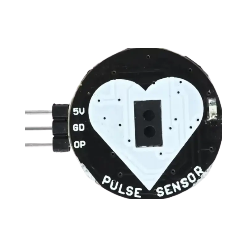 Pulse Sensor Heart Rate Module Clear diagnostic wiring schematic illustrating a circular black heart-rate breakout board with a prominent white heart graphic running to the analog input, ground, and power lanes of a blue Arduino board.