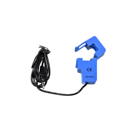 Professional blue split-core current sensor body labeled '100A:50mA' with a snap-together jaw, a side-mounted locking clip, and a black output cable.
