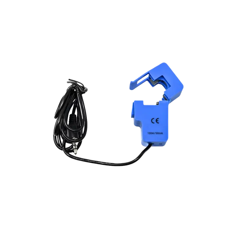 SCT-013-000 Professional blue split-core current sensor body labeled '100A:50mA' with a snap-together jaw, a side-mounted locking clip, and a black output cable.