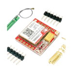 Compact rectangular red SIM800L cellular breakout board showcasing its central silver metal shielded SIMCom chip layout, small micro-coaxial IPEX antenna terminal jack, board level filtering components, and clear terminal labels on its interface pin rows.