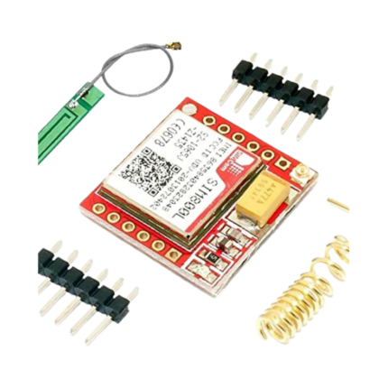 Compact rectangular red SIM800L cellular breakout board showcasing its central silver metal shielded SIMCom chip layout, small micro-coaxial IPEX antenna terminal jack, board level filtering components, and clear terminal labels on its interface pin rows.