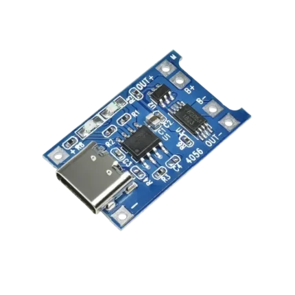 Compact blue TP4056 lithium battery charger board showing a surface-mount Type-C USB input port, twin status indicator LEDs, a main TP4056 charger IC alongside a small DW01A protection chip, and clearly labeled soldering pads for input power, battery terminals, and load output.