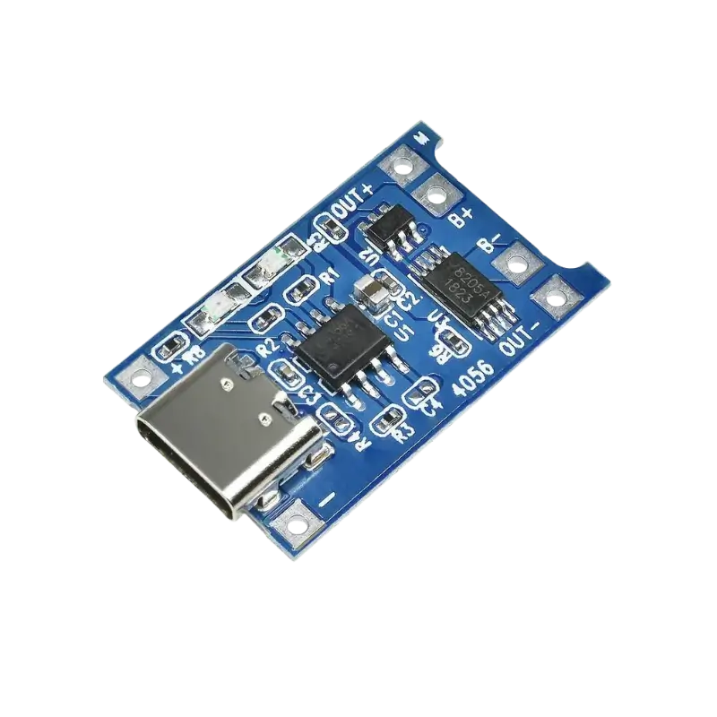 TP4056 Compact blue TP4056 lithium battery charger board showing a surface-mount Type-C USB input port, twin status indicator LEDs, a main TP4056 charger IC alongside a small DW01A protection chip, and clearly labeled soldering pads for input power, battery terminals, and load output.