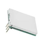 Compact rectangular white-faced capacitive touch sensor breakout board, highlighting its rear 3-pin connector, labeled VCC, GND, and OUT solder terminals, and demonstrating customizable backlight capabilities.