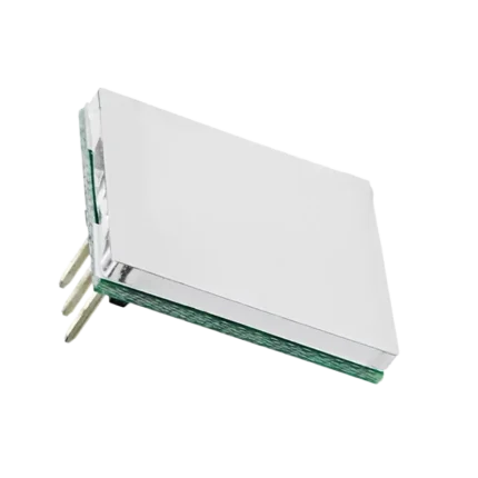 Compact rectangular white-faced capacitive touch sensor breakout board, highlighting its rear 3-pin connector, labeled VCC, GND, and OUT solder terminals, and demonstrating customizable backlight capabilities.