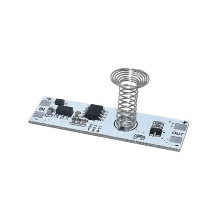 A small capacitive touch switch PCB featuring a central helical metal spring antenna, integrated capacitive sensing IC, and a 3-pin male header.