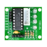 Compact green ULN2003 stepper motor driver module displaying a central ULN2003 driver chip, four inline red indicator LEDs, a row of input pins, a white 5-pin JST motor connector, and power terminal pins.