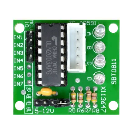 Compact green ULN2003 stepper motor driver module displaying a central ULN2003 driver chip, four inline red indicator LEDs, a row of input pins, a white 5-pin JST motor connector, and power terminal pins.