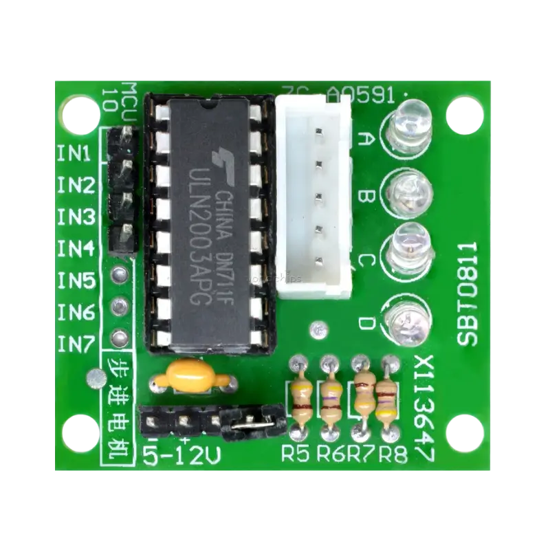 UL2003 Compact green ULN2003 stepper motor driver module displaying a central ULN2003 driver chip, four inline red indicator LEDs, a row of input pins, a white 5-pin JST motor connector, and power terminal pins.