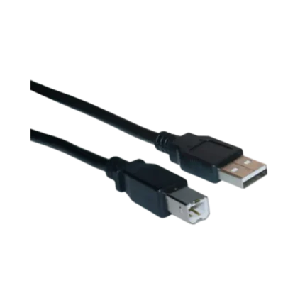 A flexible 1.5-meter blue USB 2.0 development cable showing a flat rectangular USB Type A male plug on one side and a square USB Type B male terminal plug on the opposite end.