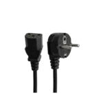 A heavy-duty black 1.5-meter AC power cord coiled neatly, showing a standard 3-pin grounded mains wall plug on one end and a hexagonal black 3-slot IEC C13 female connector head on the other.
